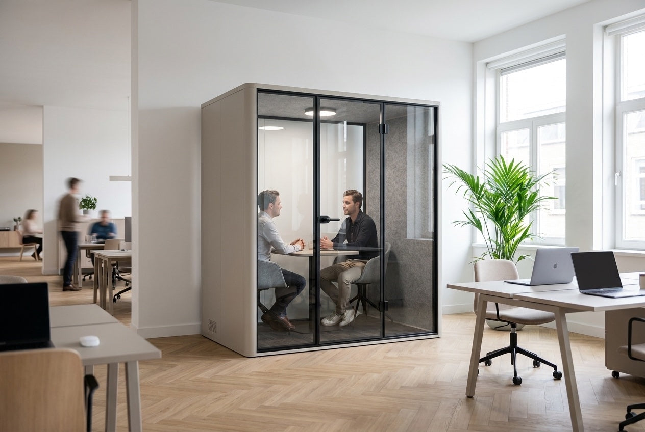 Een vierpersoonscabine tussen de werkplekken in een open kantoor